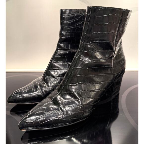 Dolce Vita Black Croc Embossed Leather Ankle Boots Block Heel Zip Up Size 10 - Picture 1 of 10